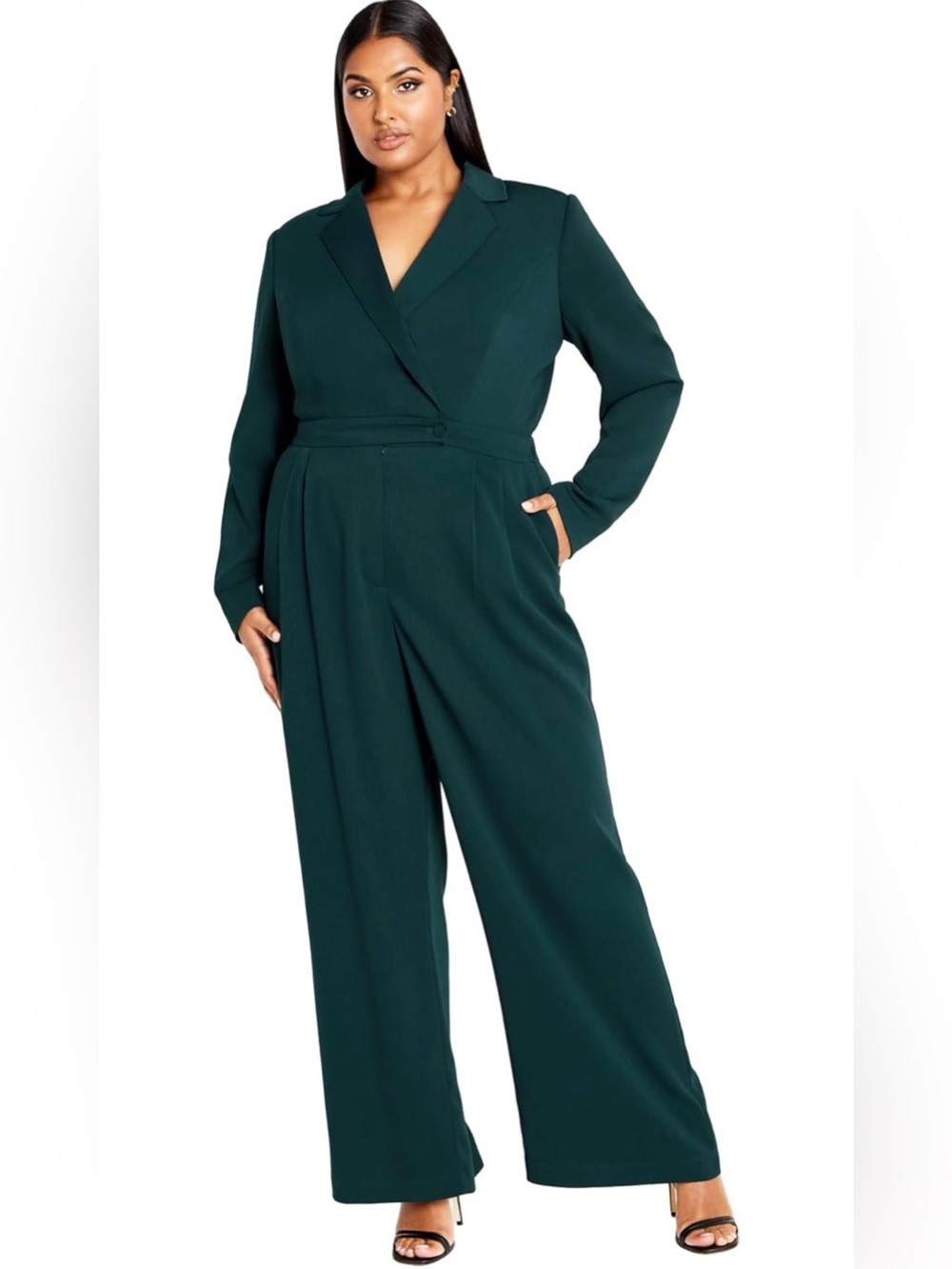 City Chic Dark Green Tailored Long-Sleeve Jumpsuit Size 22